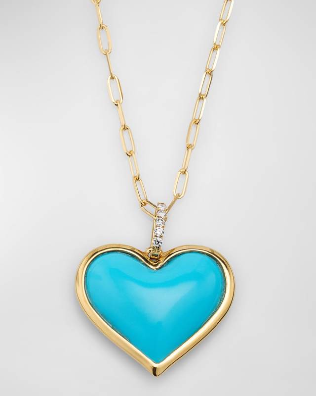 18K Yellow Gold Small Luna Turquoise Heart Pendant Necklace with Diamond Bale